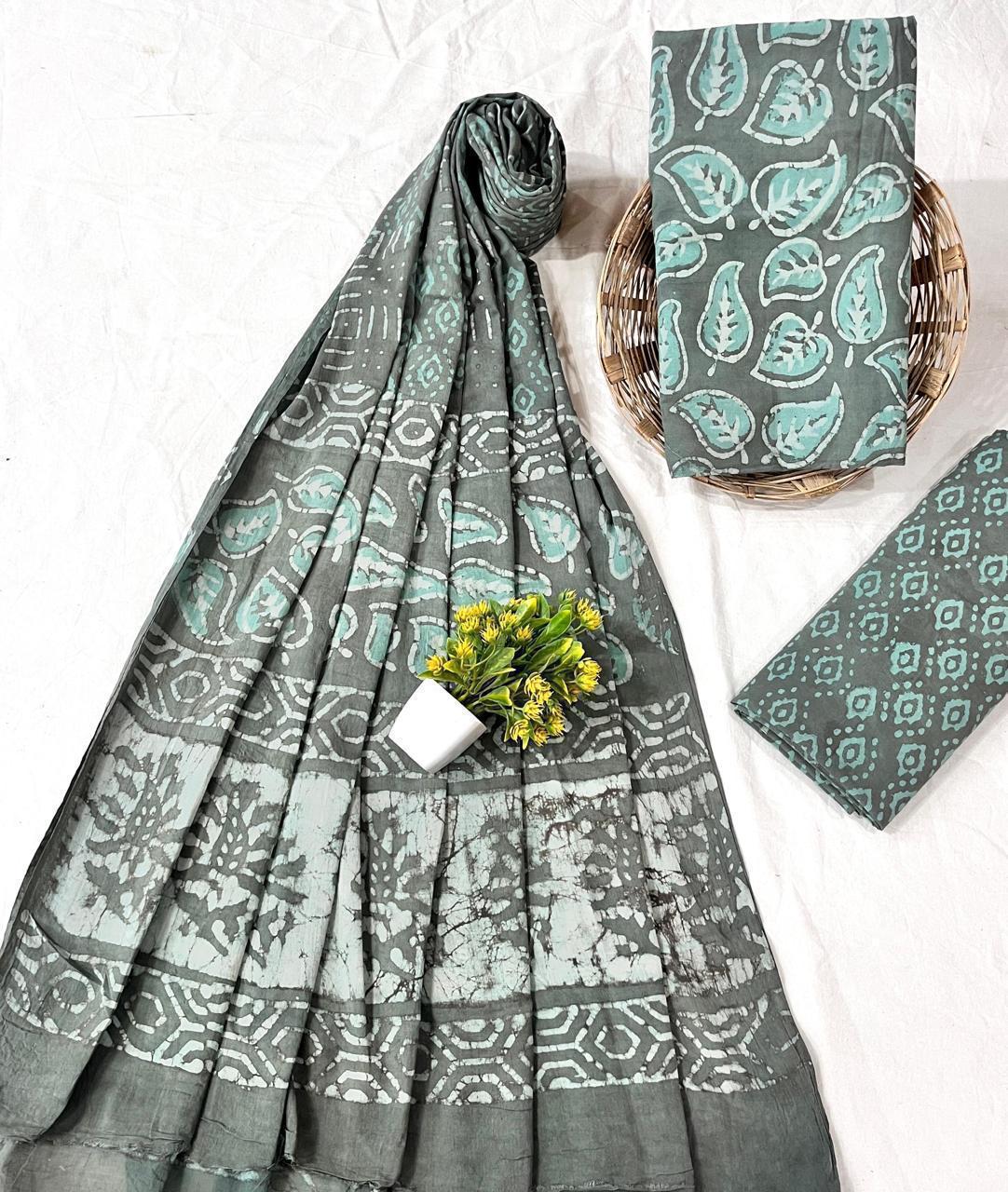 Wholesale Handblock Printed Cotton Mul Dress Material Set with Mul Dupatta – Blue Grey Color, Artisan-Crafted in Rajasthan for Designers, Boutiques, and Bulk Orders